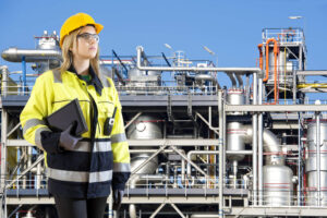 Woman, posing with a tablet and cb radio in front of a petrochemical installation as plant and safety officer